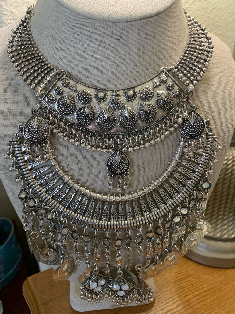 Bohemian Statement Silver-Tone Layered Necklace Coins Stones